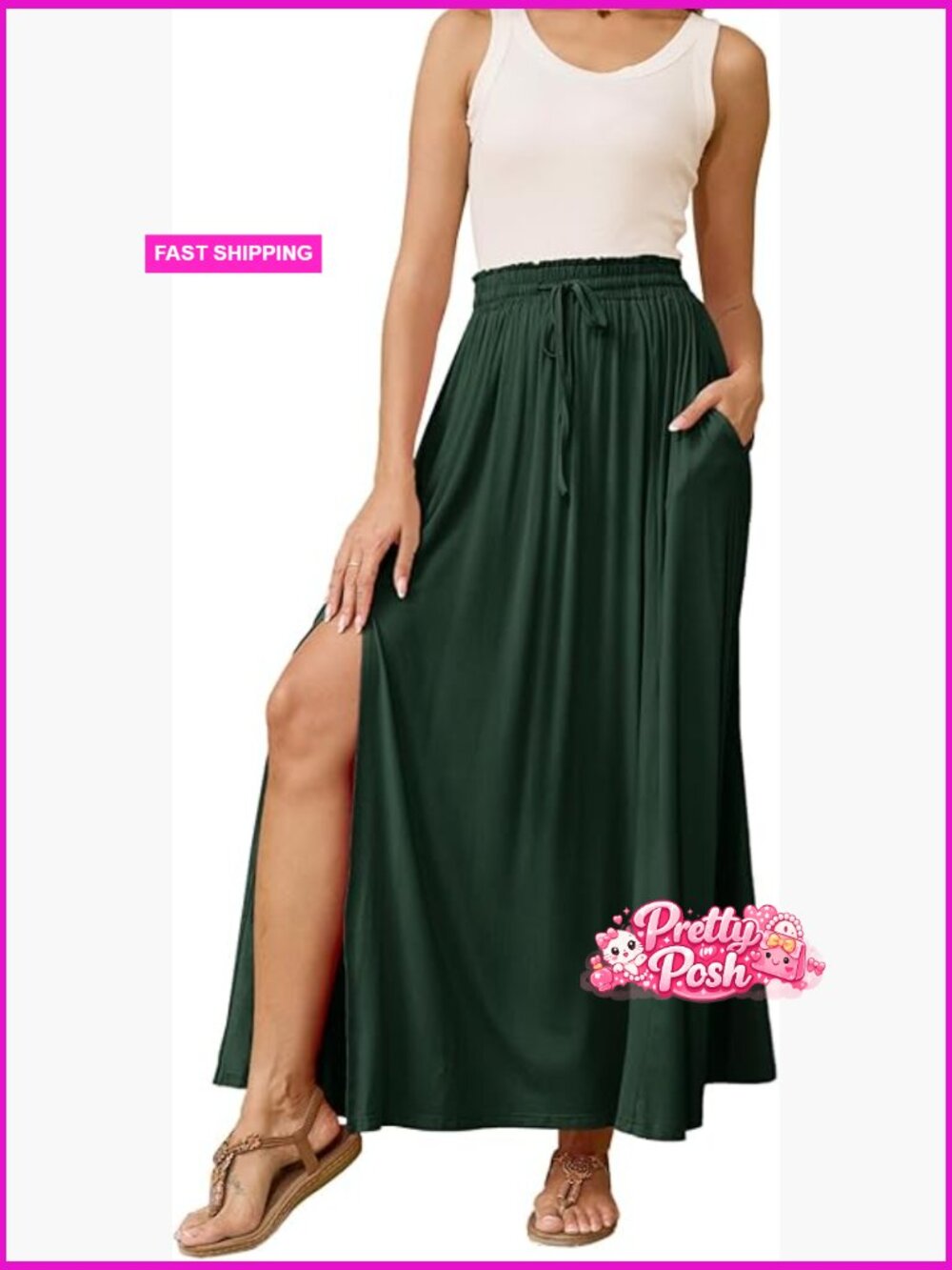 Maxi High Elastic Waisted Skirt A-Line Flowy Split Hem Long Skirt with Pockets